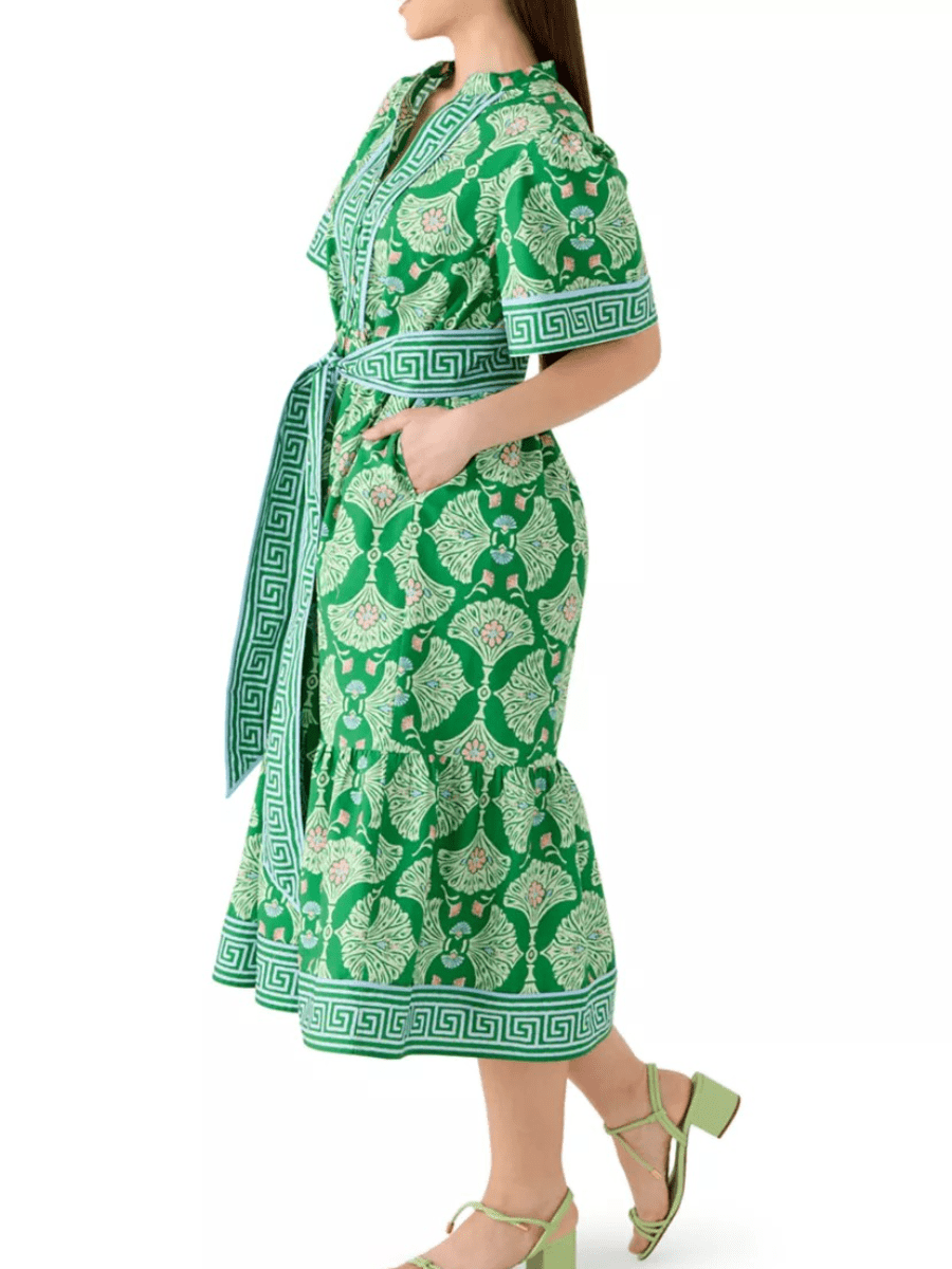 Summer Green Block Print Belted Tiered Midi Dress With Pockets - allsose