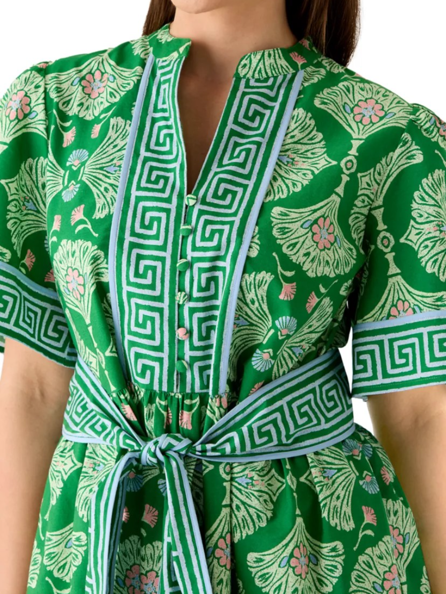 Summer Green Block Print Belted Tiered Midi Dress With Pockets - allsose