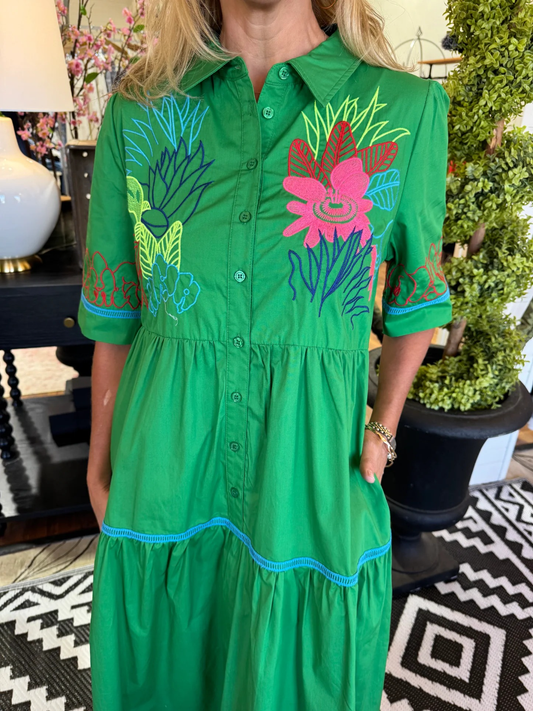 Summer Green Floral Embroidered Shirt Dress - allsose