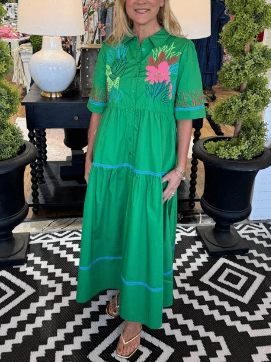 Summer Green Floral Embroidered Shirt Dress - allsose