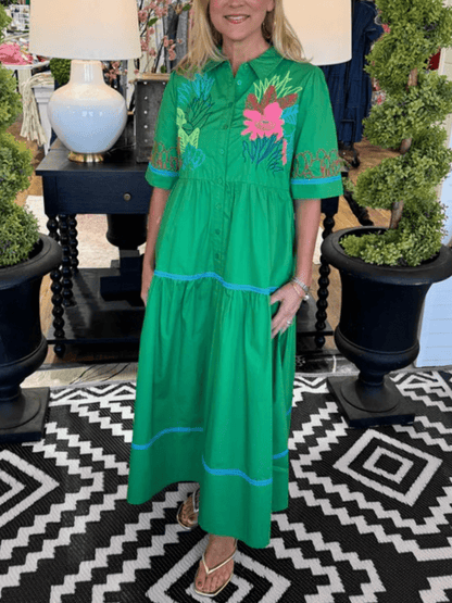 Summer Green Floral Embroidered Shirt Dress - allsose