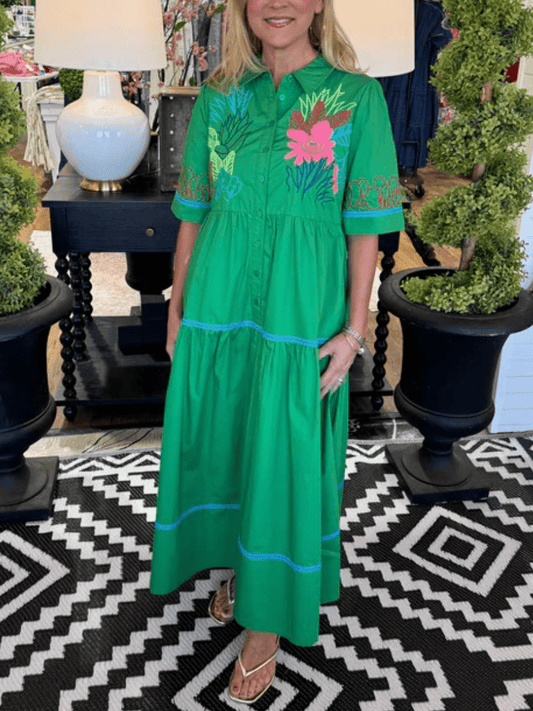 Summer Green Floral Embroidered Shirt Dress - allsose