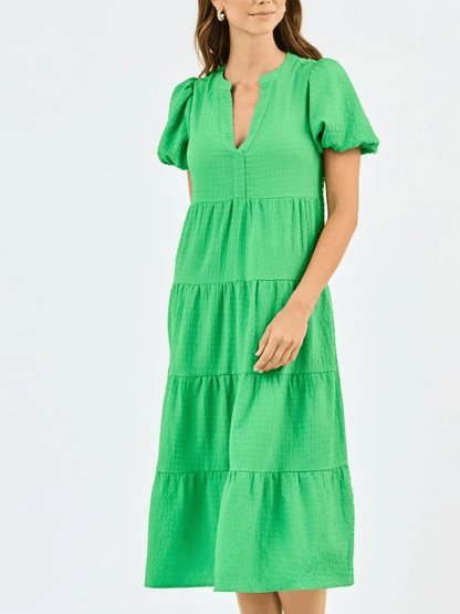Summer Green Textured Tiered Midi Dress For Casual Wear - allsose