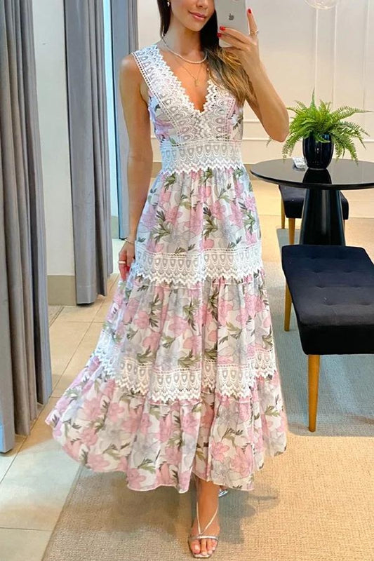 Sunny Garden Lace Trim Floral Midi Dress - allsose