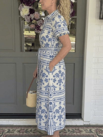 The Mediterranean Tile Midi Dress - Blue & Whi - allsose