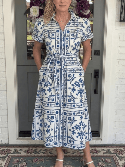 The Mediterranean Tile Midi Dress - Blue & Whi - allsose