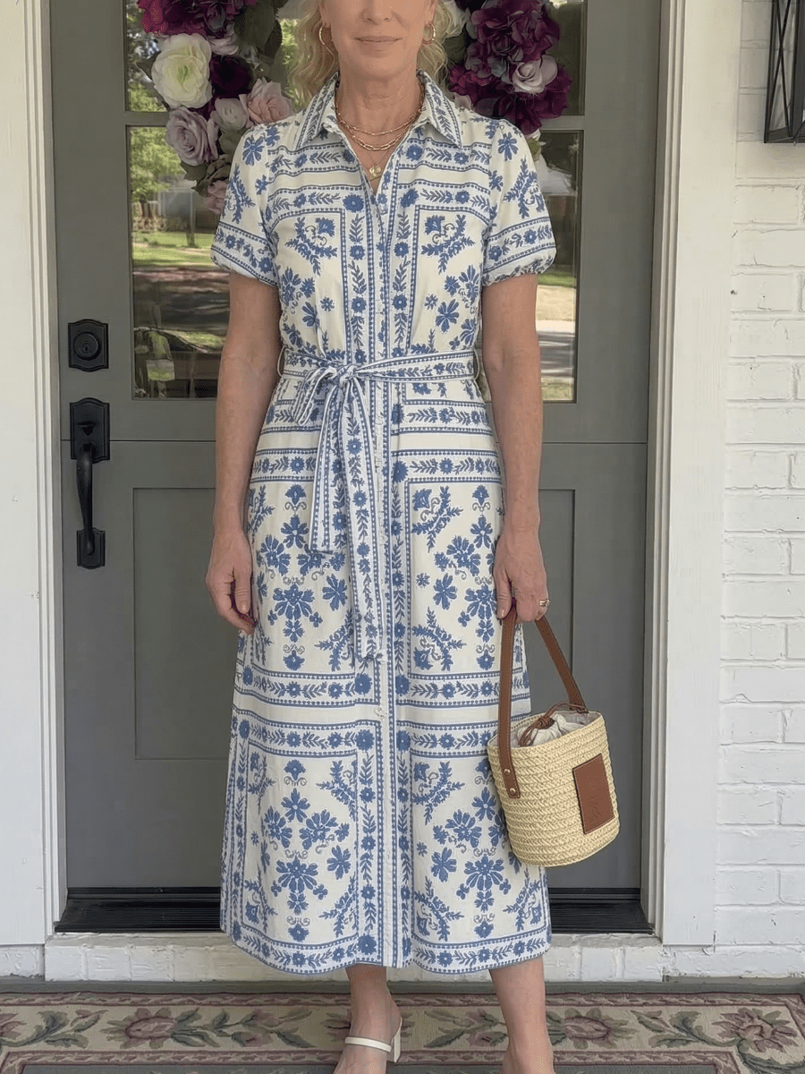 The Mediterranean Tile Midi Dress - Blue & Whi - allsose
