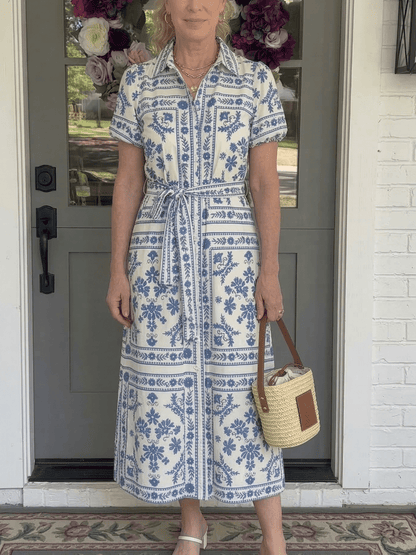 The Mediterranean Tile Midi Dress - Blue & Whi - allsose