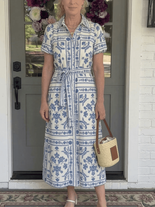 The Mediterranean Tile Midi Dress - Blue & Whi - allsose