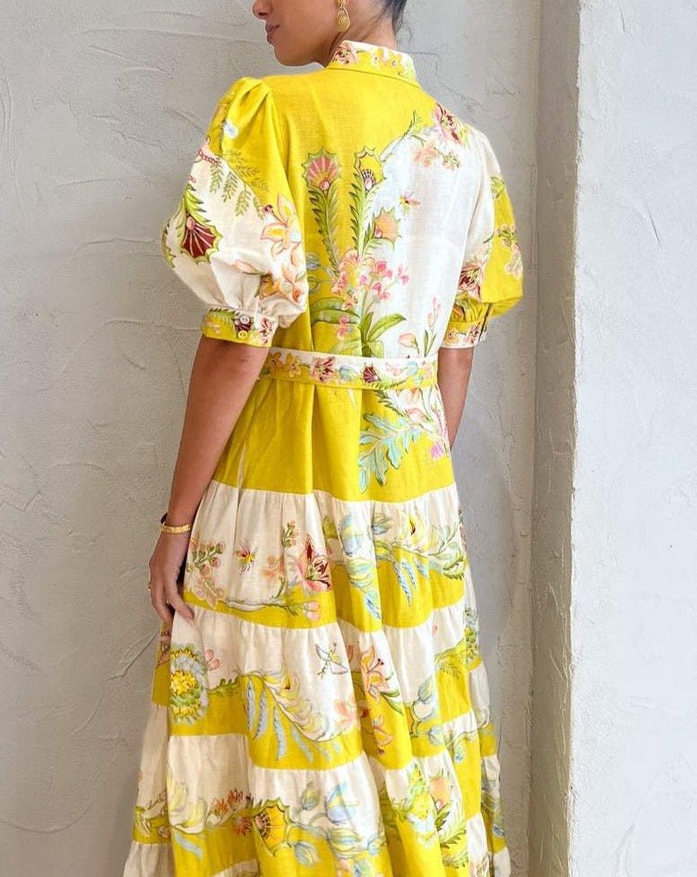 The Tiered Midi Dress in Lemon / Cream - allsose