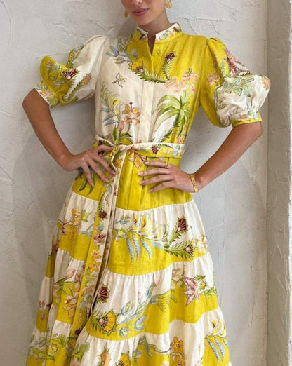 The Tiered Midi Dress in Lemon / Cream - allsose