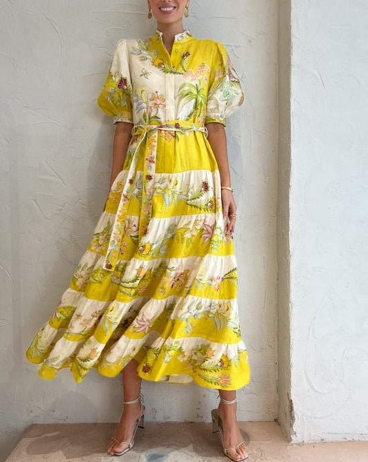 The Tiered Midi Dress in Lemon / Cream - allsose