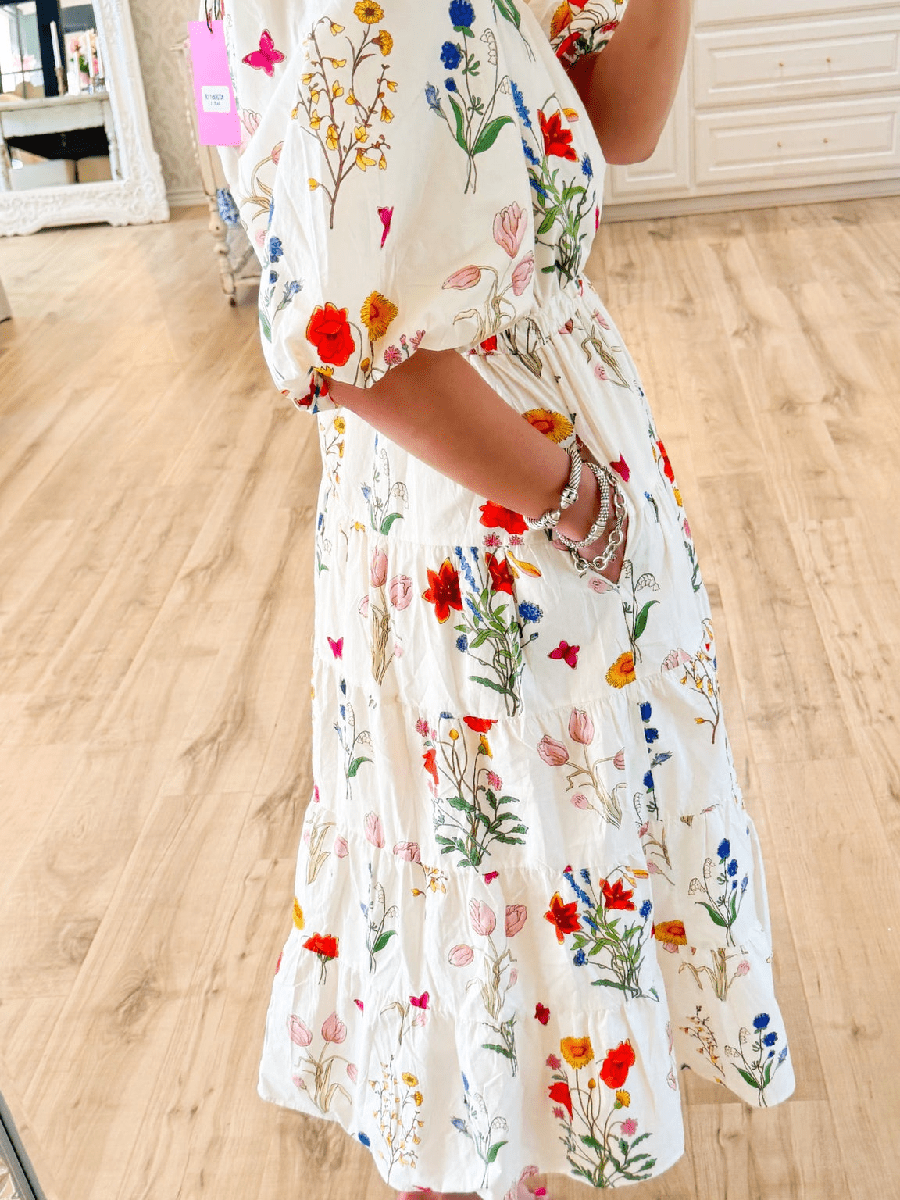 THML Cream Floral Puff Sleeve Maxi Dress - allsose