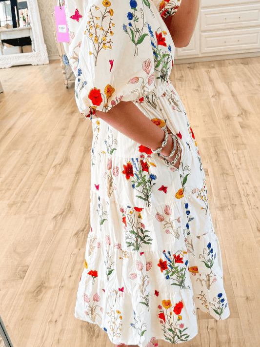 THML Cream Floral Puff Sleeve Maxi Dress - allsose