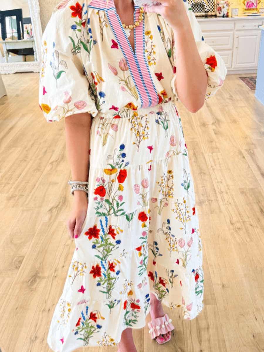 THML Cream Floral Puff Sleeve Maxi Dress - allsose