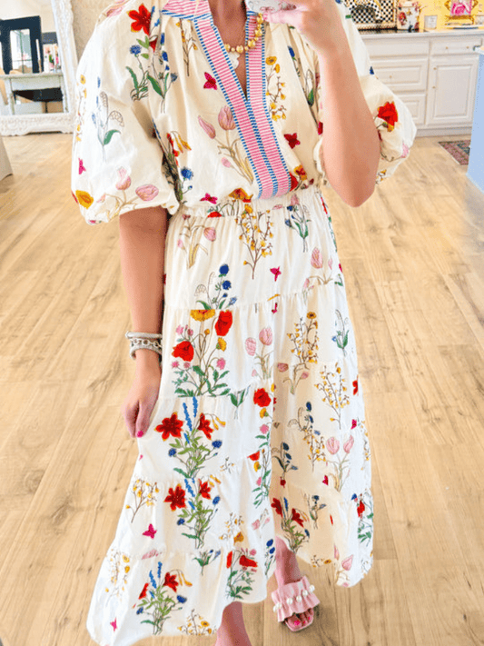 THML Cream Floral Puff Sleeve Maxi Dress - allsose