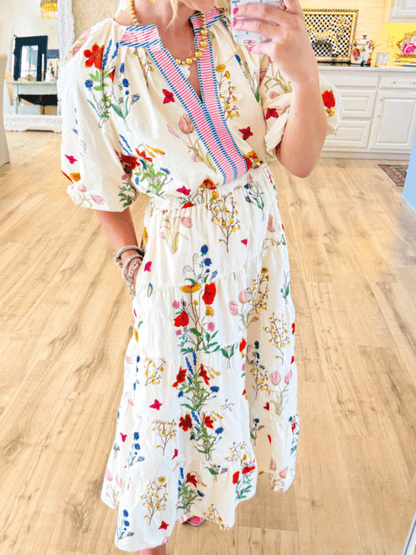 THML Cream Floral Puff Sleeve Maxi Dress - allsose