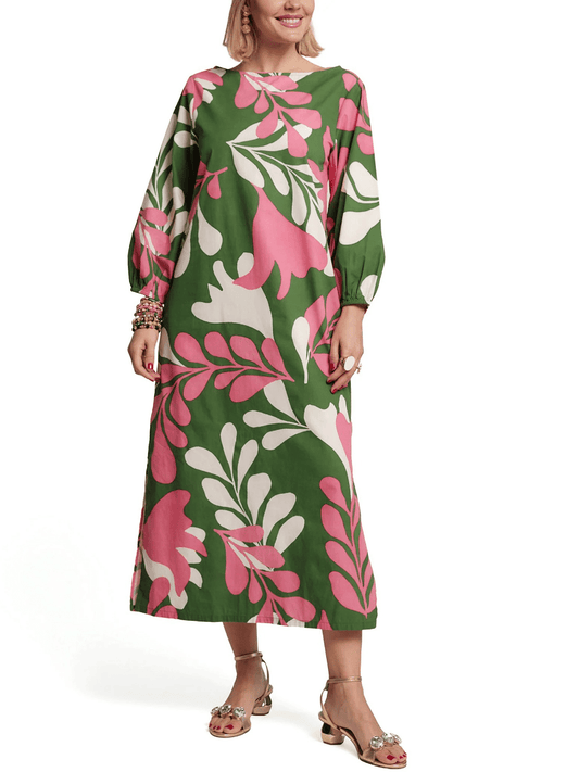 Tropical Leaf Print Long Sleeve Midi Dress - allsose