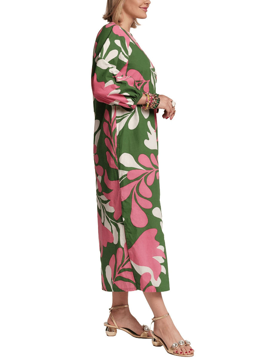 Tropical Leaf Print Long Sleeve Midi Dress - allsose