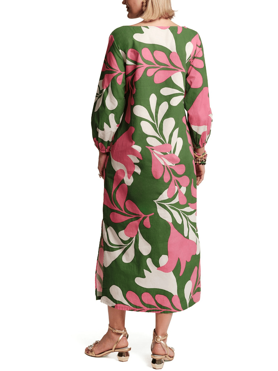 Tropical Leaf Print Long Sleeve Midi Dress - allsose