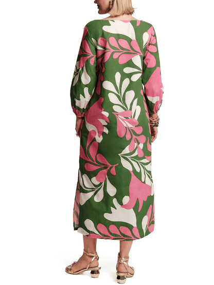 Tropical Leaf Print Long Sleeve Midi Dress - allsose