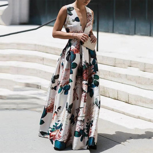 V - neck Fashion Print Dress - allsose