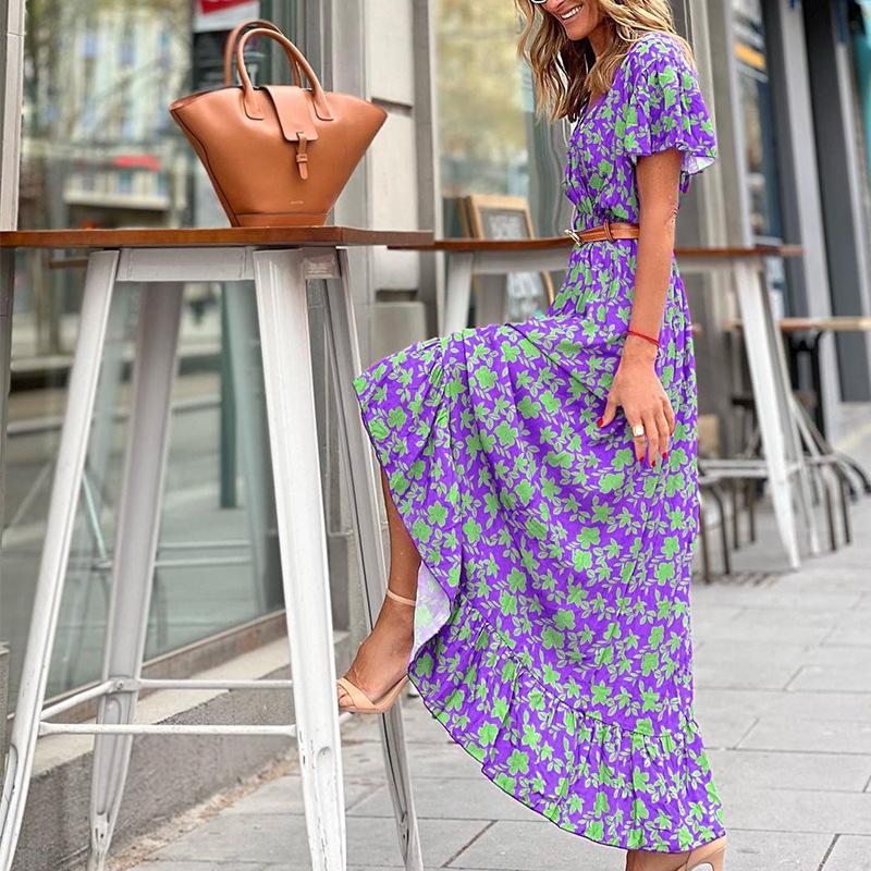 V - Neck Short Sleeve Swing Print Dress - allsose