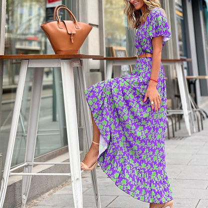 V - Neck Short Sleeve Swing Print Dress - allsose