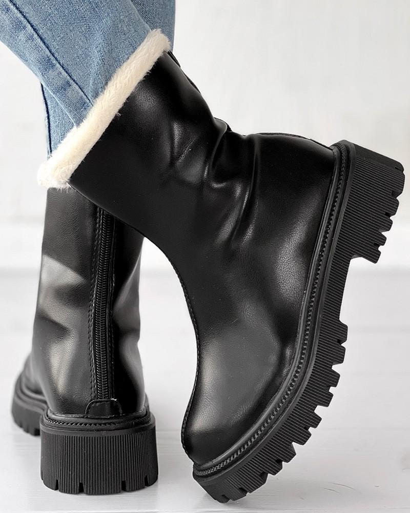 Velvet Zipper Up Fuzzy Detail Boots - allsose