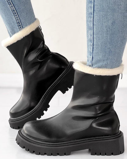 Velvet Zipper Up Fuzzy Detail Boots - allsose