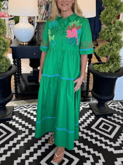 Vibrant Green Floral Embroidered Shirt Dress - allsose