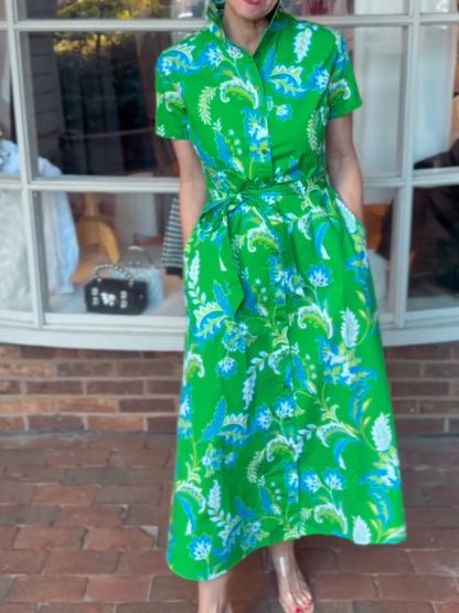 Vibrant Green Tropical Floral Print Shirt Dress - allsose
