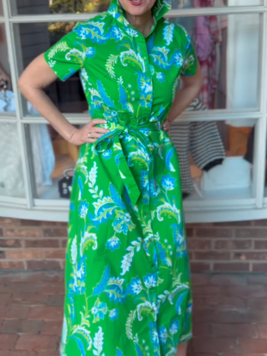 Vibrant Green Tropical Floral Print Shirt Dress - allsose