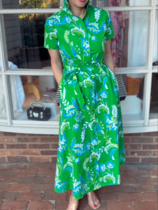 Vibrant Green Tropical Floral Print Shirt Dress - allsose