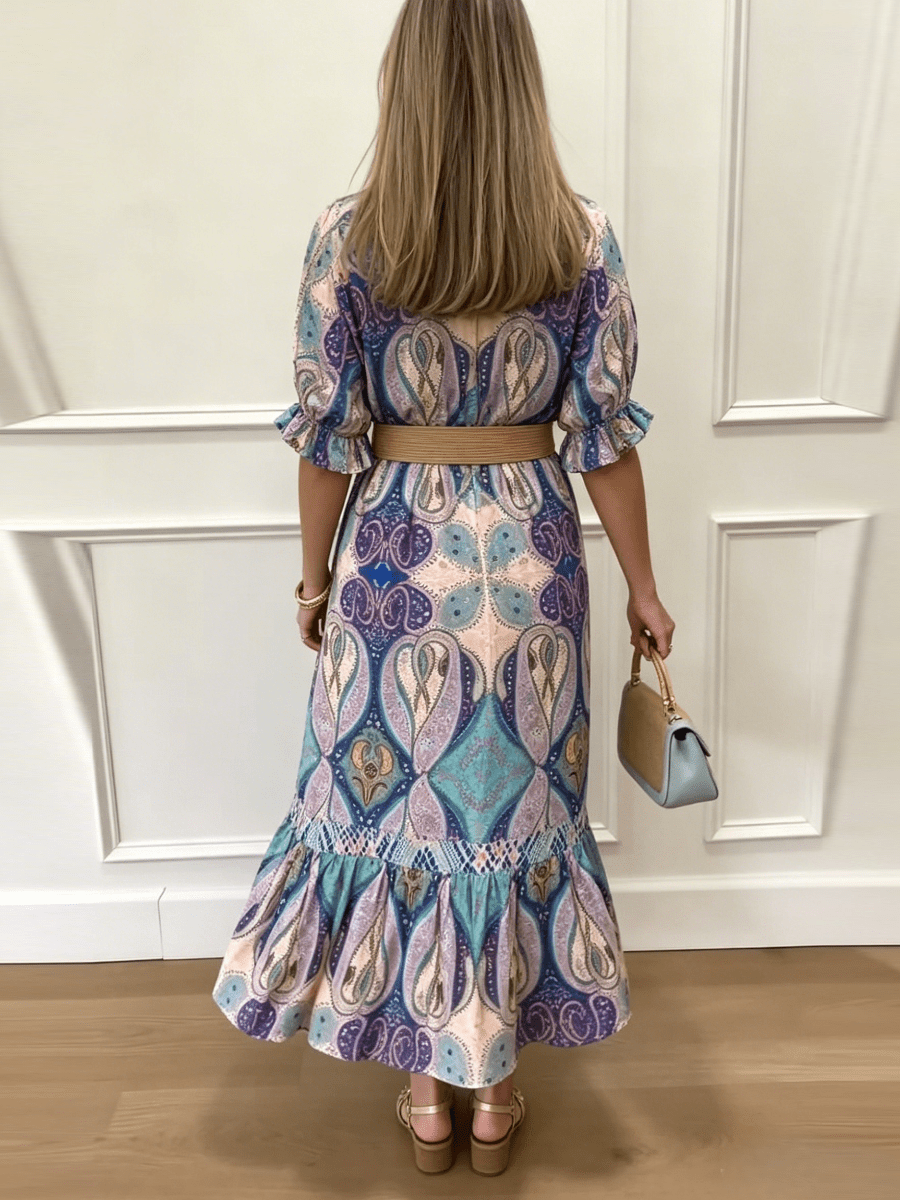 Vibrant Paisley Waist Belted Midi Dress - allsose