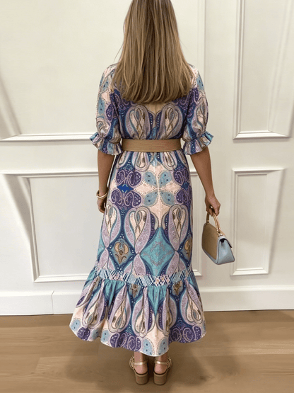Vibrant Paisley Waist Belted Midi Dress - allsose