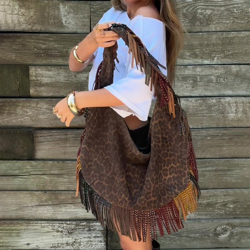 Vintage Leopard Print Tassel Shoulder Bag Large Capacity Tote Bag - allsose