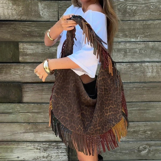 Vintage Leopard Print Tassel Shoulder Bag Large Capacity Tote Bag - allsose
