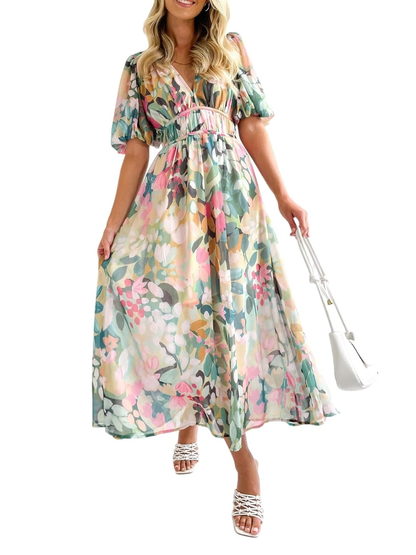 Watercolor Floral Chiffon Maxi Dress - allsose