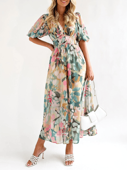 Watercolor Floral Chiffon Maxi Dress - allsose