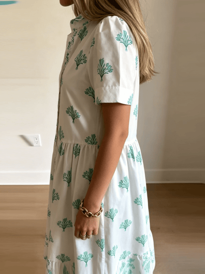 White Green Palm Print Tiered Dress - allsose