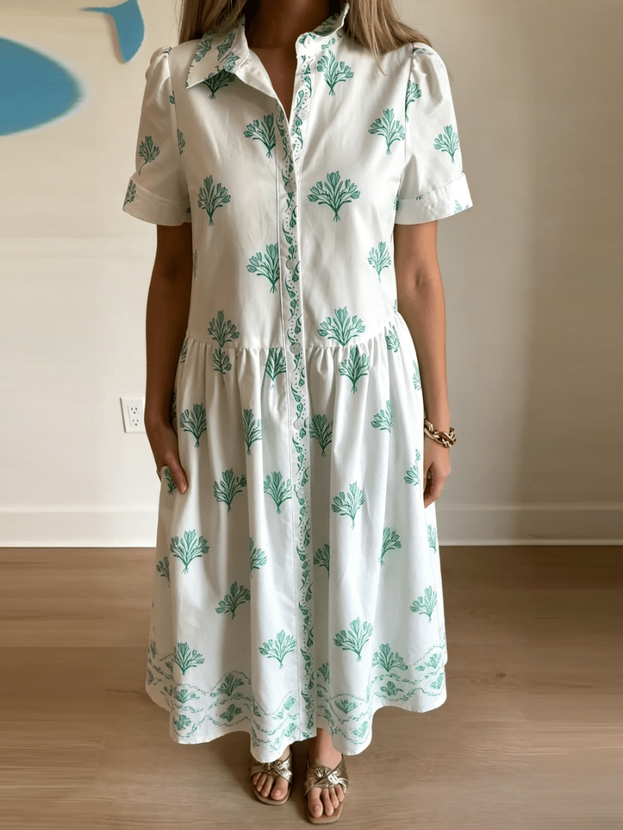 White Green Palm Print Tiered Dress - allsose