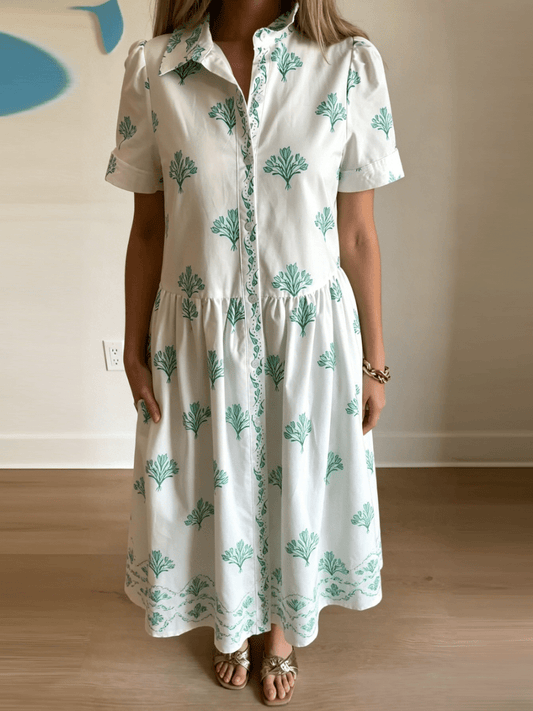 White Green Palm Print Tiered Dress - allsose