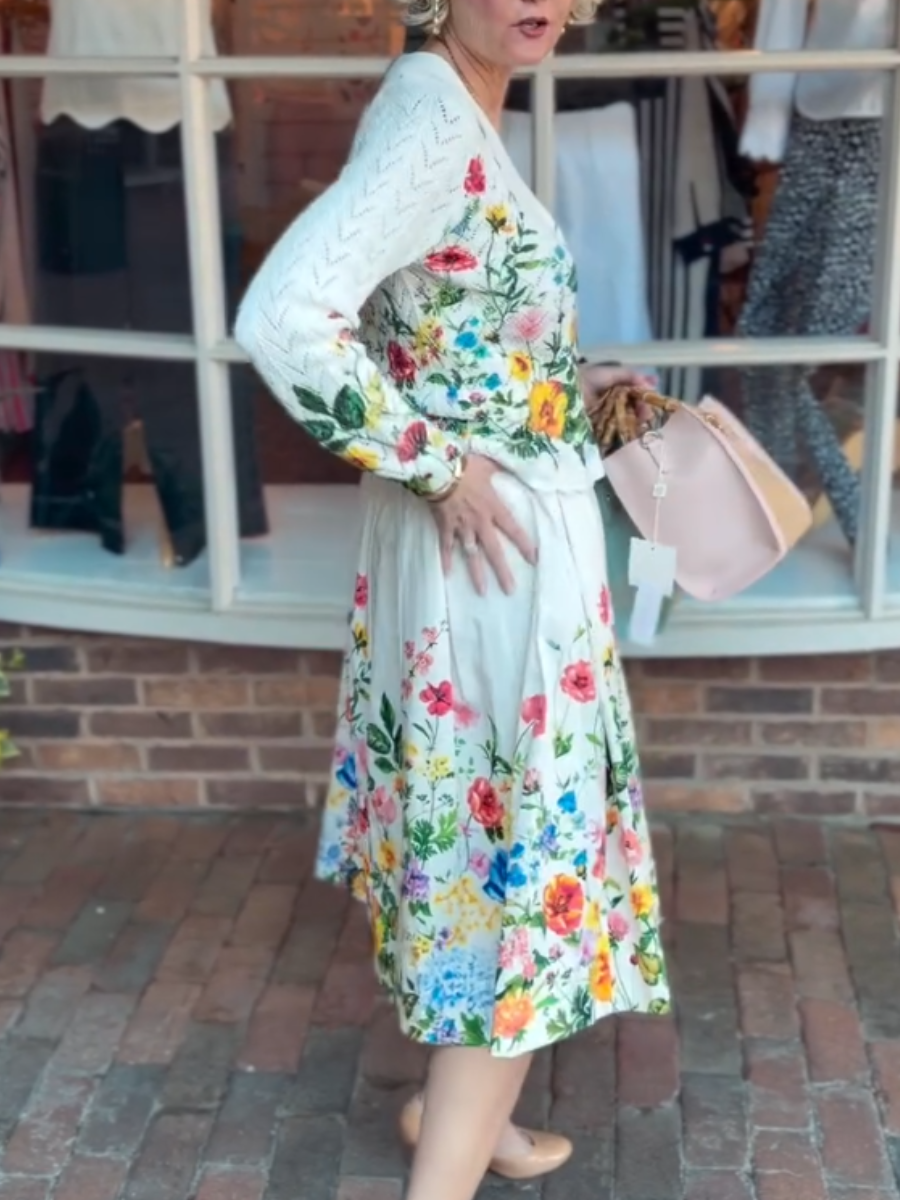 White Multicolor Floral Knit Top & Skirt Set - allsose