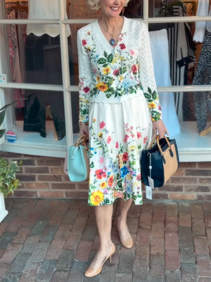 White Multicolor Floral Knit Top & Skirt Set - allsose