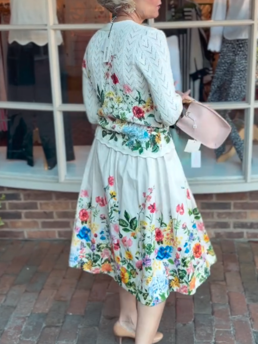 White Multicolor Floral Knit Top & Skirt Set - allsose