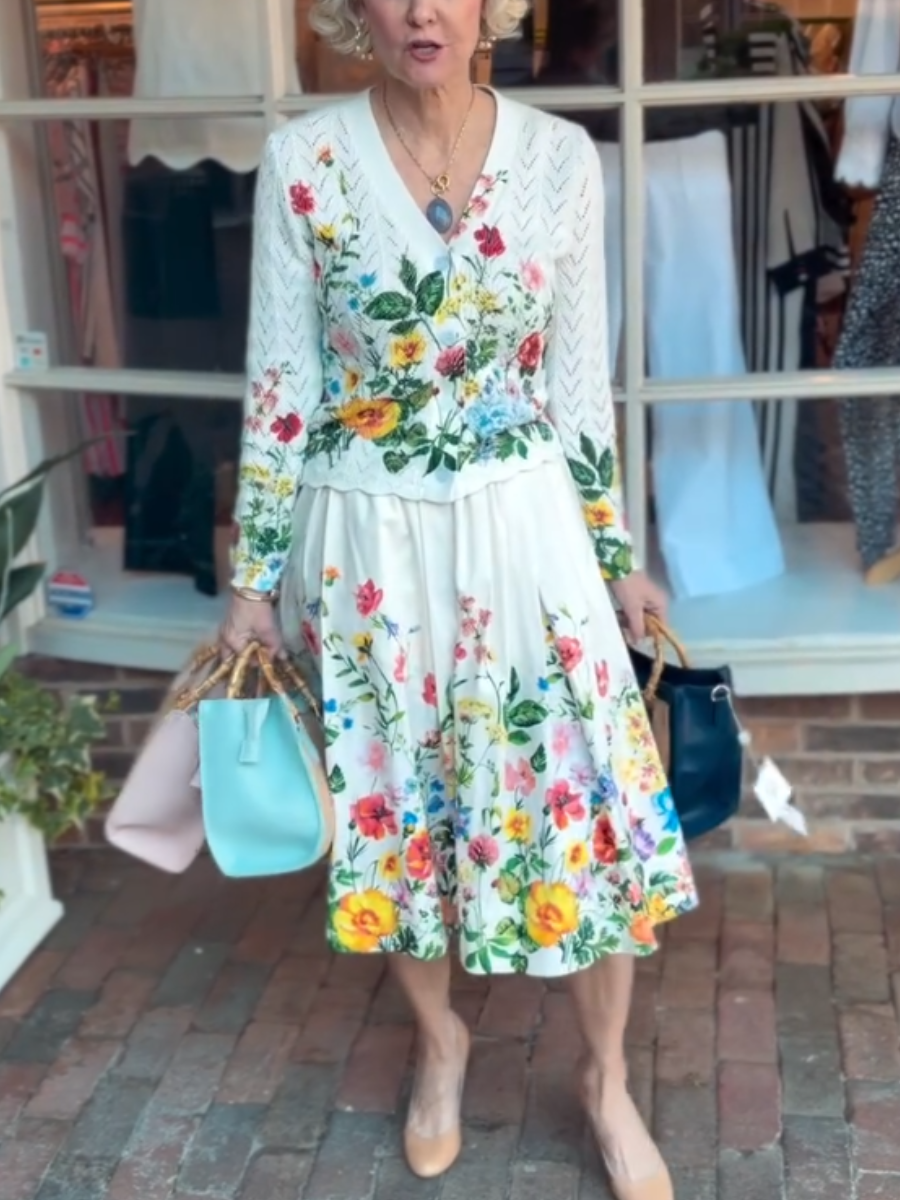White Multicolor Floral Knit Top & Skirt Set - allsose