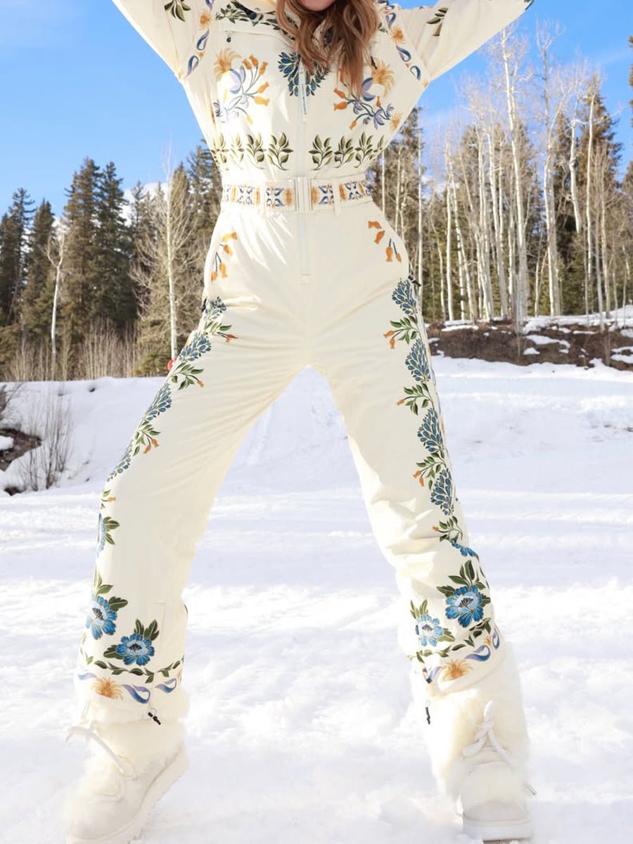 Winter Printed Hooded Belted Ski Jumpsuit - allsose