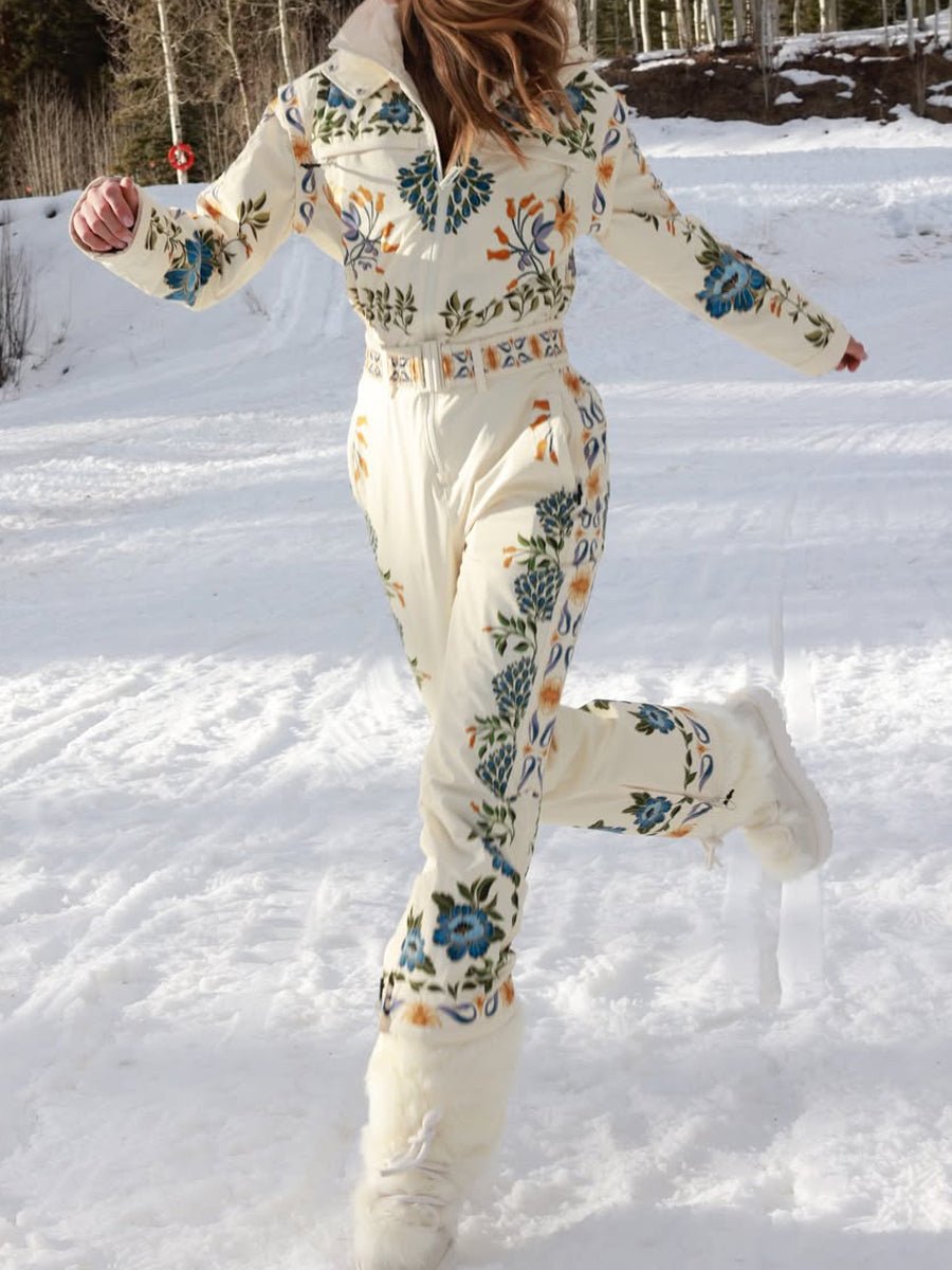 Winter Printed Hooded Belted Ski Jumpsuit - allsose