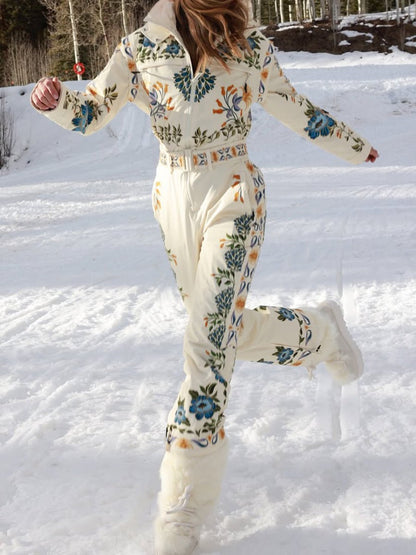 Winter Printed Hooded Belted Ski Jumpsuit - allsose
